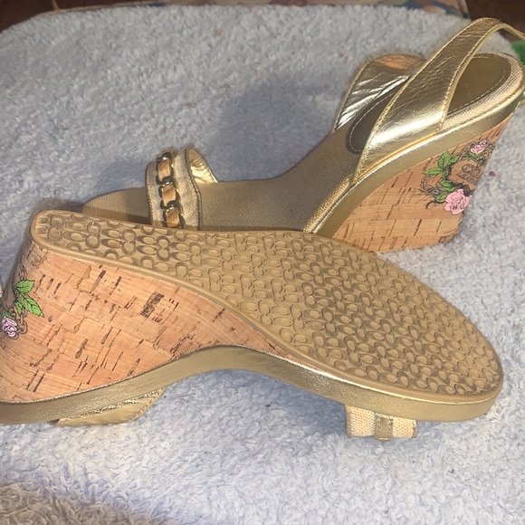Coach,10-Gold Canvas Ankle Strap Wedges - Picture 8 of 10